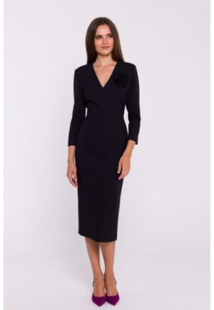 Rochie simpla midi cu decolteu in V - Negru