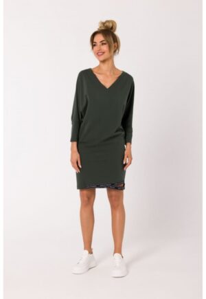 Rochie din bumbac cu bordura si decolteu in V - - Verde