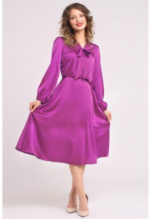 Rochie din satin cu funda din panglici - Roz zmeuriu