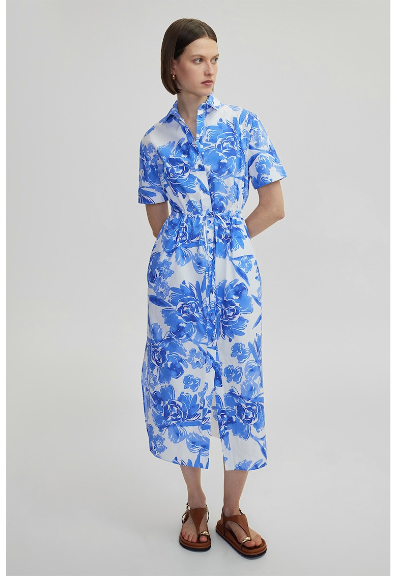Rochie-camasa cu model floral si buzunare - Alb/Albastru