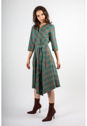 Rochie midi cu cordon in talie Elisabeth - Maro/Verde pal/Albastru petrol