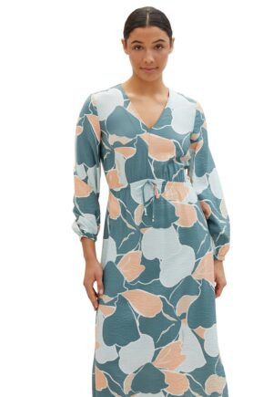 Rochie midi cu decolteu in V si cordon - Portocaliu pal/Albastru