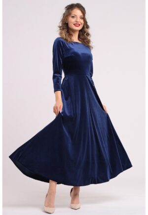 Rochie cu aspect de catifea si buzunare laterale - Albastru inchis
