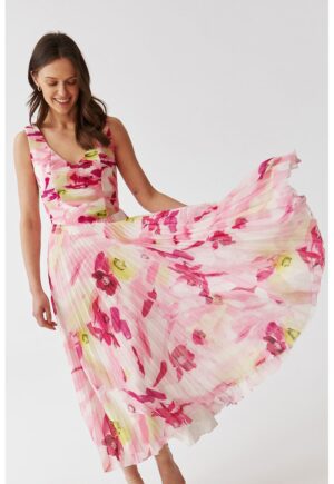 Rochie midi cu model floral si pliuri - Galben/Roz pal