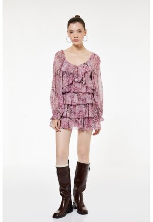 Rochie mini cu volane - Roz prafuit