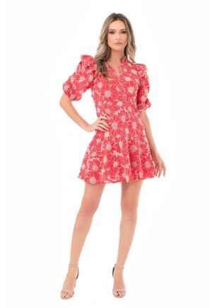 Rochie scurta cu croiala evazata si flori brodate - Rosu/Alb