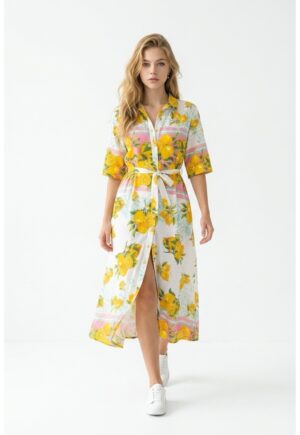 Rochie midi tip camasa de vara din bumbac alb cu imprimeu Amalfi roz cu lamai galbene
