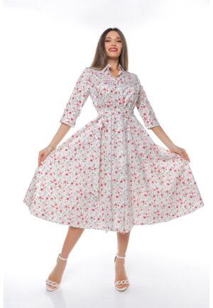 Rochie-camasa evazata cu cordon in talie - Rosu/Alb