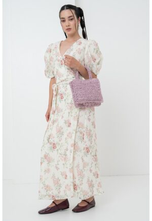 Rochie maxi cu cordon in talie - maneci bufante si model floral - Verde pal/Roz prafuit
