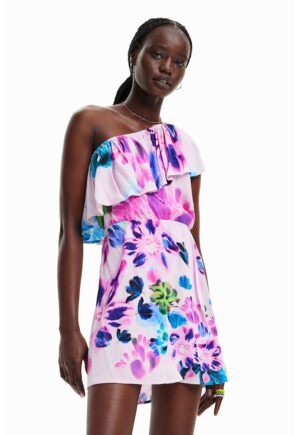 Rochie cu decolteu pe un umar si imprimeu floral - Alb/Roz/Albastru