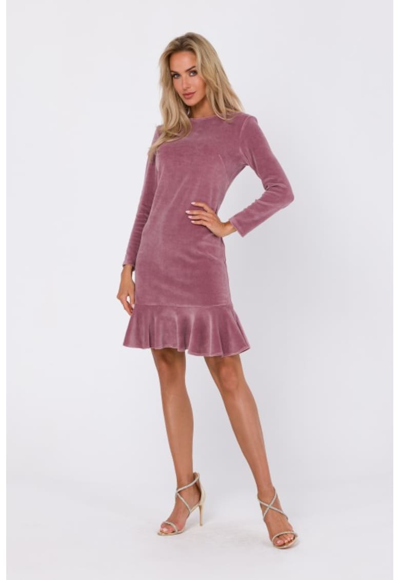 Rochie din velur cu volan - - Roz