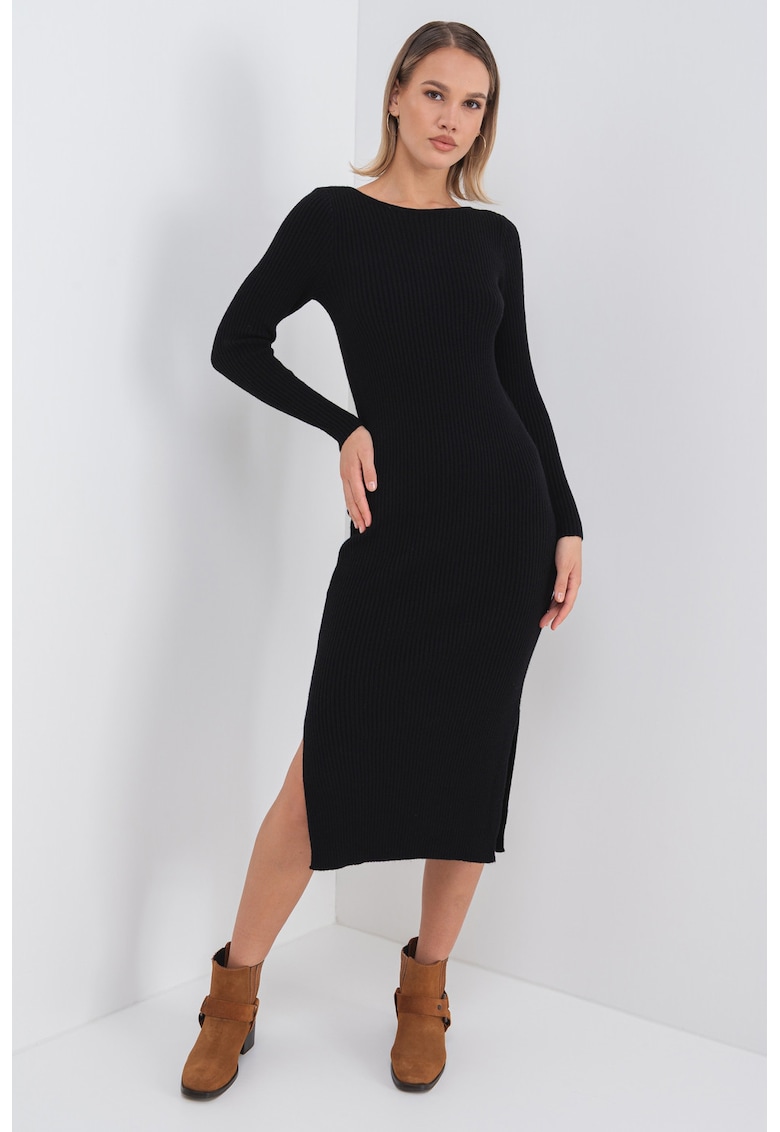 Rochie cu striatii - maneci lungi si slit lateral - Negru