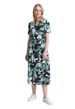 Rochie-camasa midi cu model geometric - Negru/Verde deschis