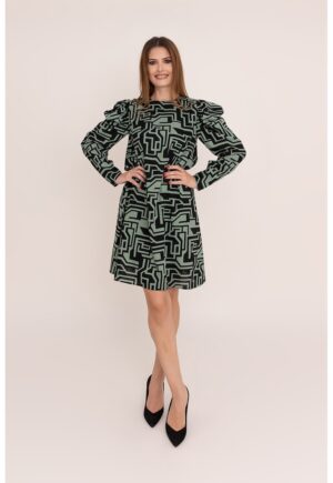 Rochie din amestec de in cu model Yara - Verde/Negru