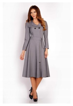 Rochie Dama -  L016 - Material 60% Poliester - 35% Viscoza - 5% Elastan - Lungime Midi - Maneca Lunga - Curea In Talie - De Inalta Calitate - Gri - Gri