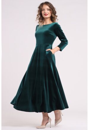 Rochie cu aspect de catifea si buzunare laterale - Verde