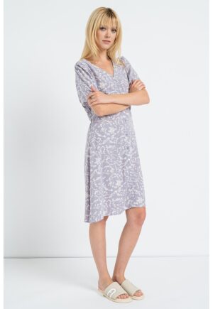 Rochie cu decolteu in V si imprimeu floral - Alb/Lila pal
