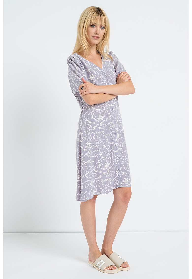 Rochie cu decolteu in V si imprimeu floral - Alb/Lila pal