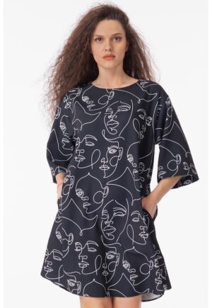 Rochie lejera cu maneci medii - Alb/Negru stins