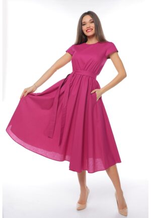 Rochie midi cu croiala evazata si maneci scurte - Fucsia