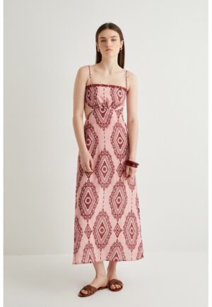 Rochie maxi cu model grafic - Visiniu/Roz pal