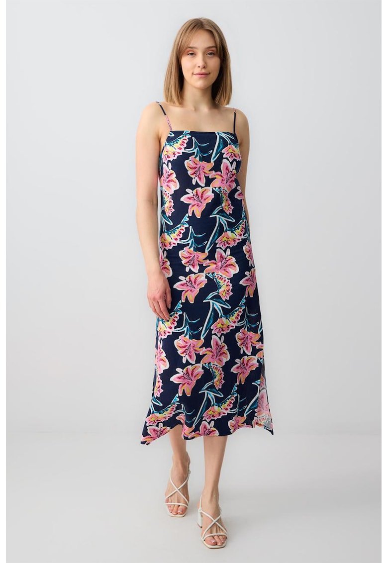 Rochie midi din amestec de in cu model floral si slit lateral - Roz/Bleumarin