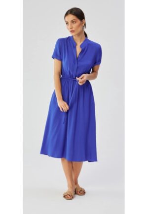 Rochie dama - cu guler inalt si cravata in talie - Poliester - Rosu - Albastru