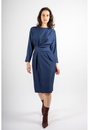 Rochie asimetrica cu pliuri Beatrice - Albastru inchis