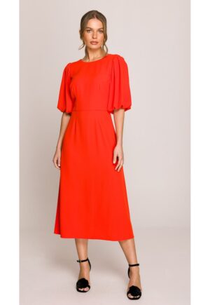Rochie cu maneci bufante - - Rosu vermillion