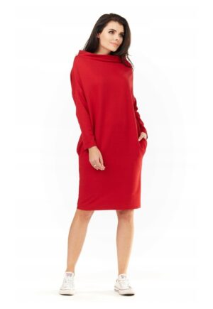 Rochie De Dama -  L061 - Marimea S/M - Bumbac - Midi - Maneci Lungi - Decolteu Rotund - De Inalta Calitate - Rosie