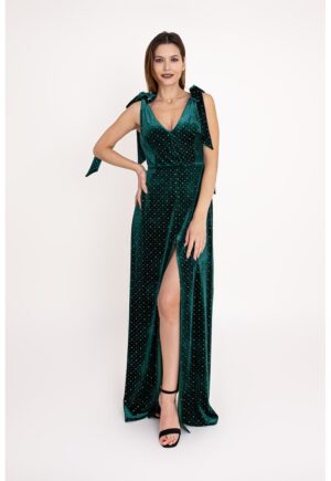 Rochie cu decolteu in V si aplicatii din strasuri Emerald - Verde inchis