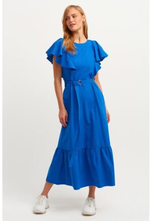 Rochie de bumbac cu maneci cu volane - Albastru royal