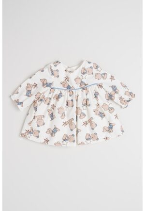 Rochie evazata cu model - Alb fildes/Albastru prafuit/Maro deschis