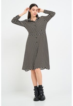 Rochie midi in dungi - Alb/Negru/Galben