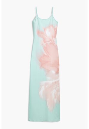 Rochie-furou din material elastic - Roz somon/Verde menta