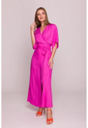 Rochie petrecuta maxi cu curea in talie - - Roz