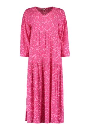 Rochie lunga cu decolteu in V - Fucsia/Alb optic