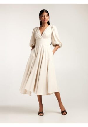 Rochie midi din in cu drapaje si maneci bufante Swan