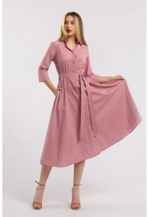 Rochie-camasa evazata cu cordon in talie - Roz prafuit