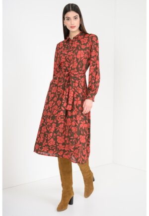 Rochie cu guler clasic si model floral - Rosu inchis/Negru stins