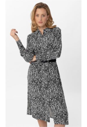 Rochie din viscoza cu model geometric -  G-Licori - maneci lungi - Negru I Alb