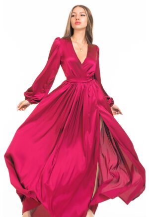 Rochie maxi evazata cu slit si model petrecut - Roz aprins