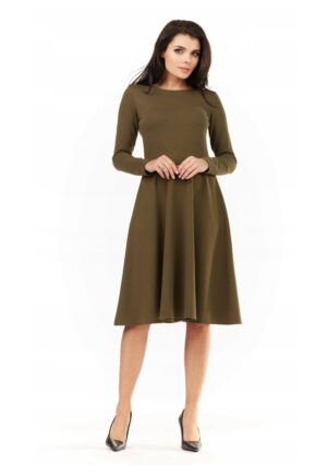 Rochie Dama -  L060 - Clos - Marime M - Material 70% Viscoza - 25% Poliester - 5% Elastan - Maneci Lungi - Lungime Midi - Decolteu Rotund - Khaki