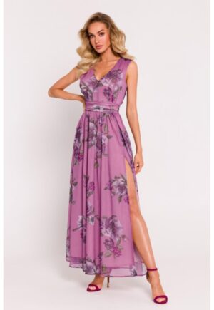 Rochie maxi din sifon cu deschidere inalta - Mov liliachiu