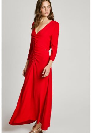 Rochie maxi evazata cu maneci 3/4 - Rosu vermillion