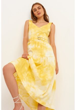 Rochie evazata cu model tie-dye - Alb/Galben