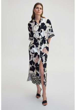 Rochie-camasa cu imprimeu si buzunare laterale - Negru/Bej