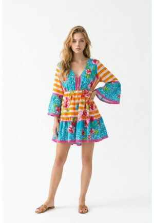 Rochie scurta de vara din bumbac cu imprimeu multicolor Positano Amalfi