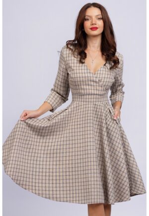 Rochie mini cu croiala in A si buzunare - Maro deschis/Maro nisip/Alb murdar