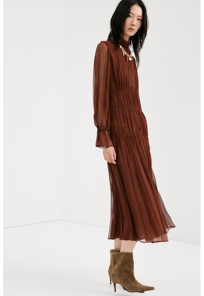 Rochie plisata din sifon - Maro cognac